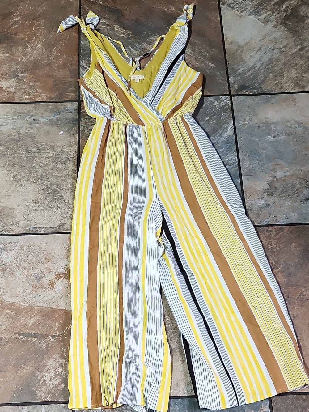Hem & Thread Yellow, Brown, White & Black Striped Tie-Shoulder Wide-Leg Jumpsuit